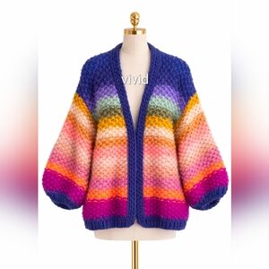 Anthropologie X Mayflower Hand Made Rainbow Striped Crochet Cardigan NWT$250